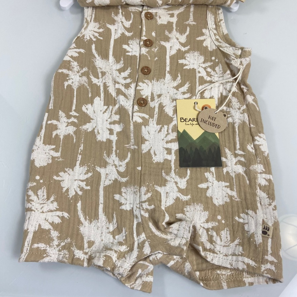 Bearpaw Kids 3/6M Tan Palm Tree Gauze Romper and Hat Set NEW Tropical Beach